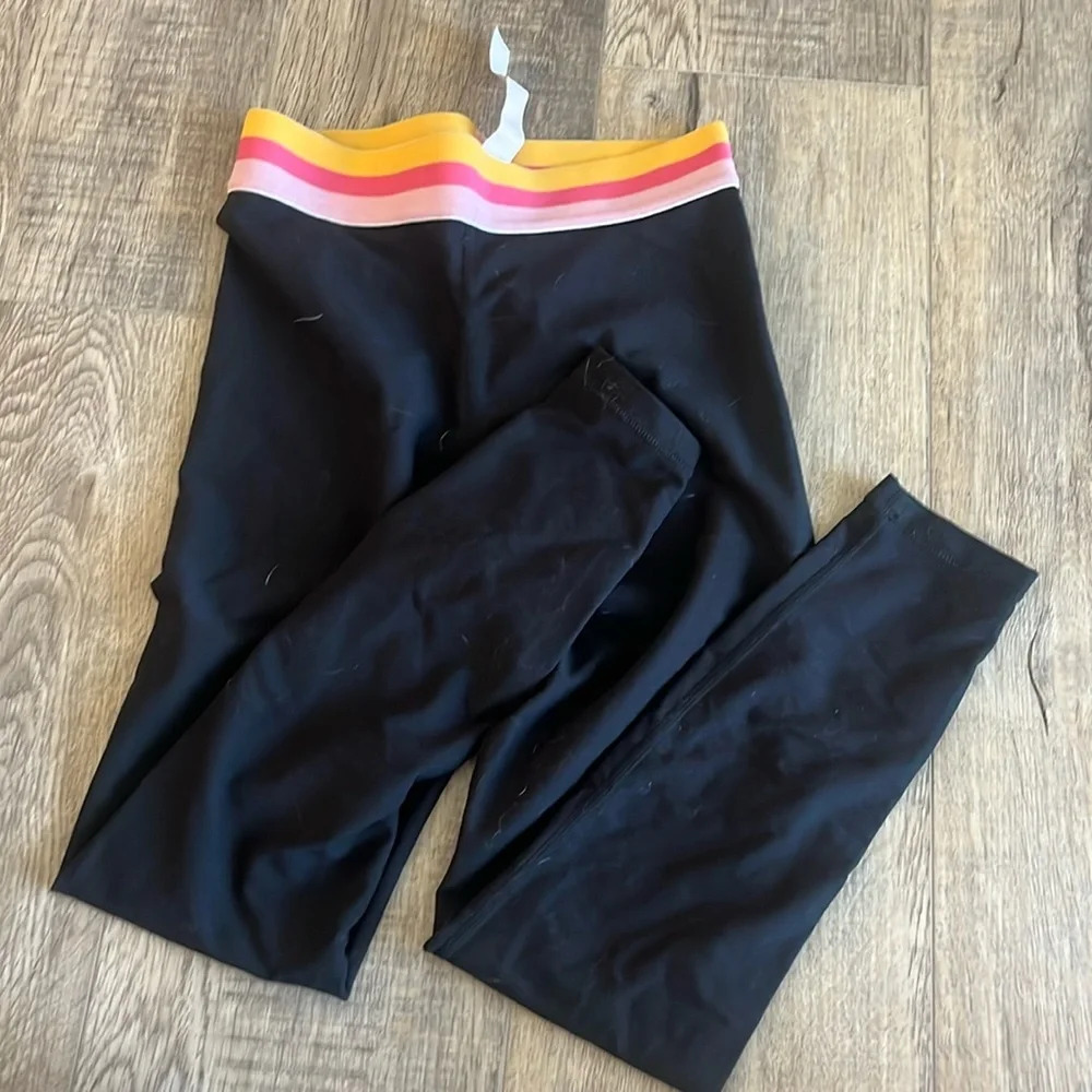 POPFLEX Black Leggings with Yellow Pink Stripe Waistband